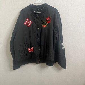 Disney Mickey & Minnie Varsity Bomber Jacket Black Snap Button Patch Coat